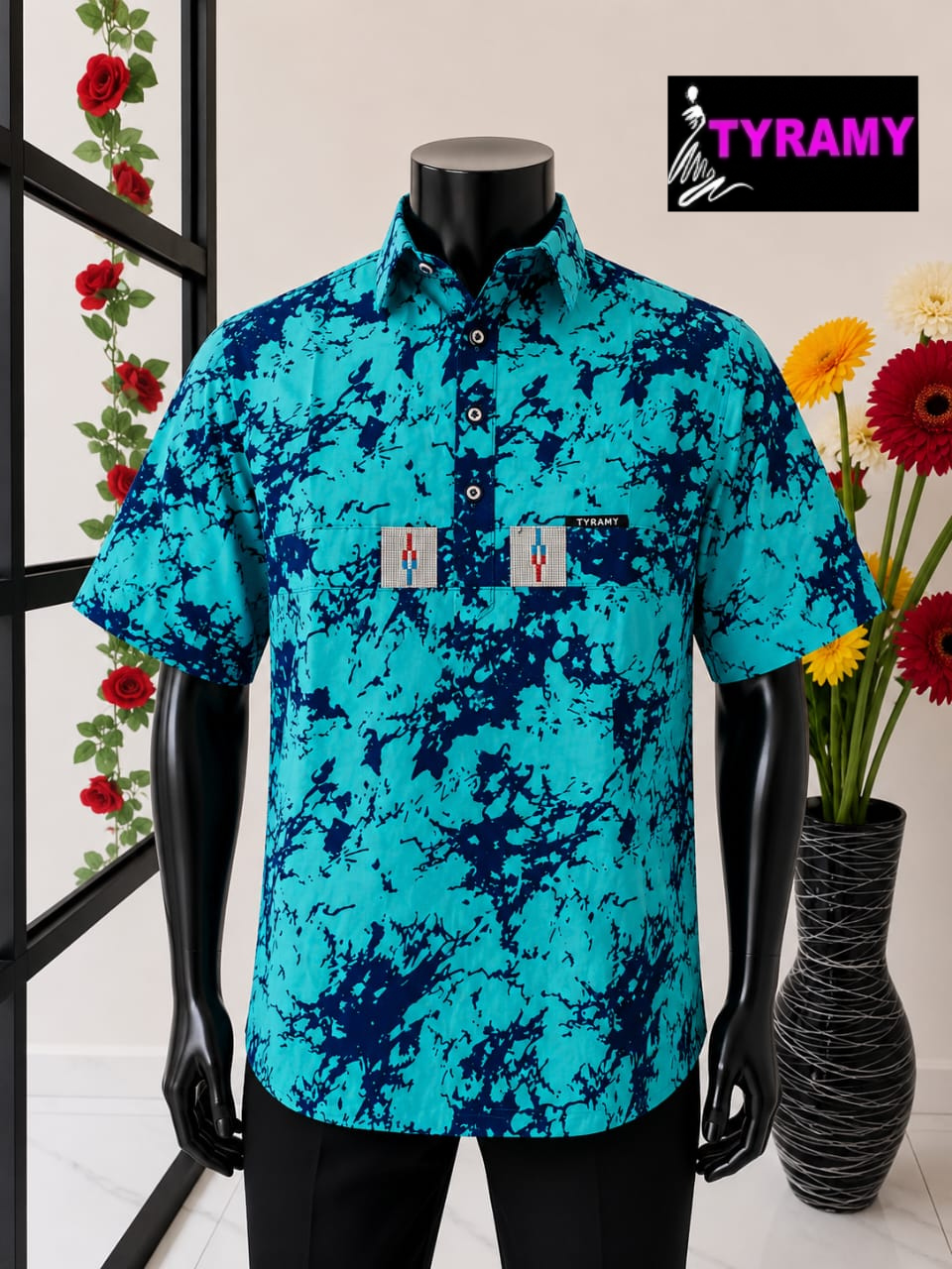 Chemise TYRAMY 100% Coton - Turquoise Bleu Marine Marbré Qualité Premium