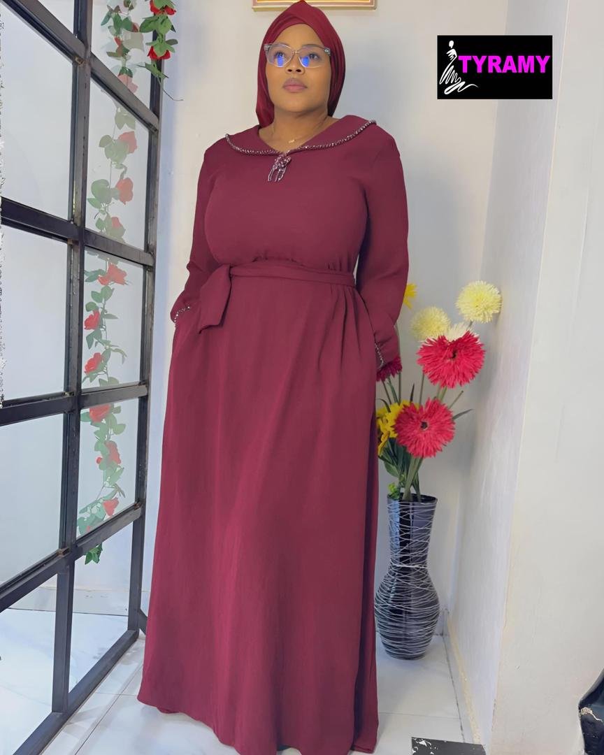 *Robe Phanel Fashion made in Turkey- Bordeaux Unie Col Perlé
